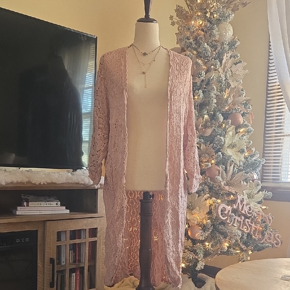 Maurices Pink Lace Open-Front Cardigan